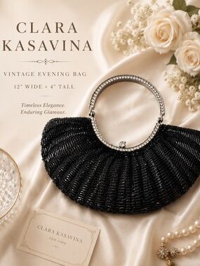 Vintage Clara Kasavina Black Beaded Evening Bag ✨ Rhinestone Handle Clutch
